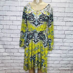 Yoana Baraschi Womens  Yellow Blue Paisley Print Keyhole Belted Dress Size Small